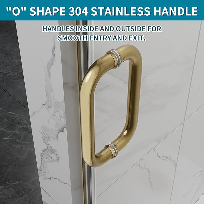 Framelss Hinged Shower Door, 36" W x 76" H Single Swing Pivot Shower Door, 3/8" (10mm) Tempered Glass with Nano Coating, Stainless Steel Handle, Glass Door for Walk-in Shower - Brushed Gold