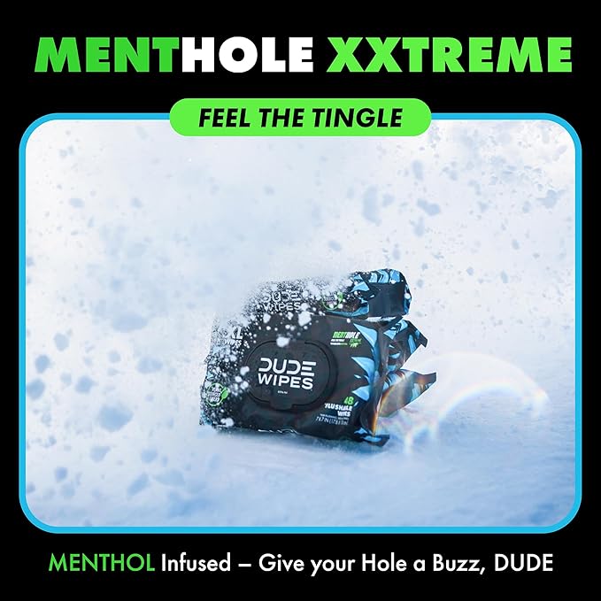 DUDE Wipes MentHOLE XXtreme Flushable Wipes - Menthol Infused Extra-Large Adult Wet Wipes - 3 Pack (144 Count) - Infused with Menthol for a Cooling Sensation - Septic and Sewer Safe