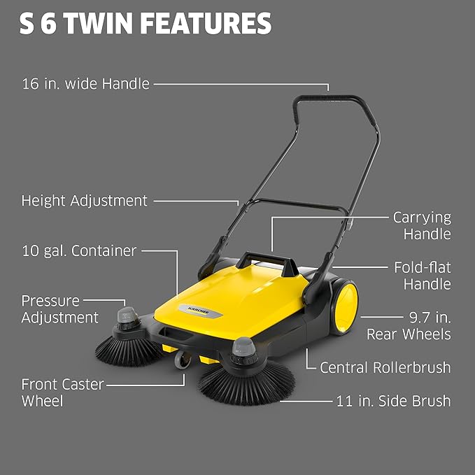Kärcher Walk-Behind Outdoor Push Sweeper S 6 Twin for Workshops, Warehouses or Garages - 6X Faster Than a Push Broom, 10 Gallon Capacity, 33.9" Sweeping Width