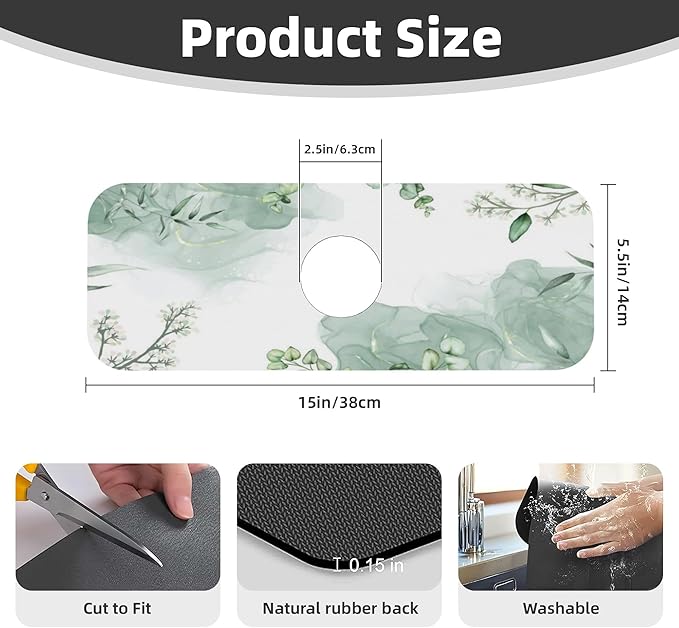 Watercolor Green Leaf Floral Dish Drying Mat for Kitchen Counter, 18"x24" Microfiber Absorbent Fast Dry Mat, 2Pcs Dish Mat Faucet Mats Sets, Large Drying Kitchen Mat Kitchen Drying Pad