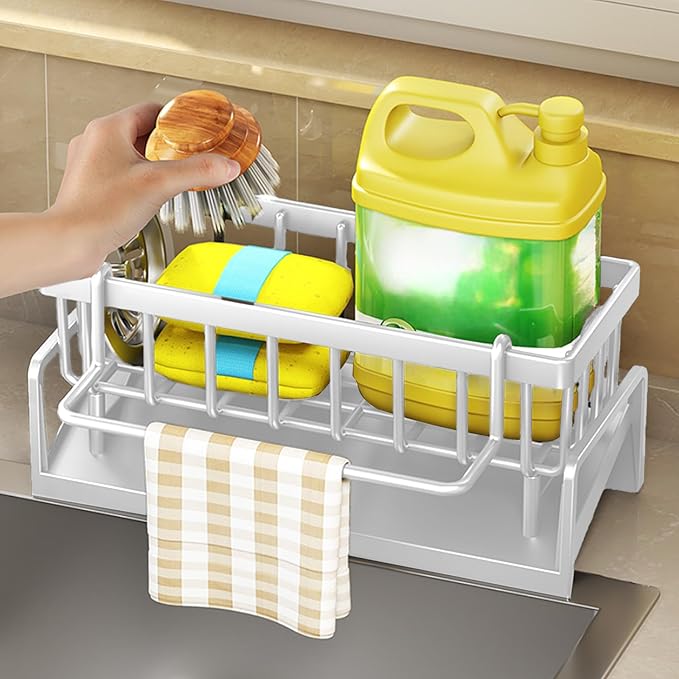 Kitchen Sink Organizer with Drain Tray, Sponge Holder, Brush Storage, Auto-Drying Rack for Dish Soap, Cleaning Tools, Countertop or Sink Caddy for Kitchen Decor
