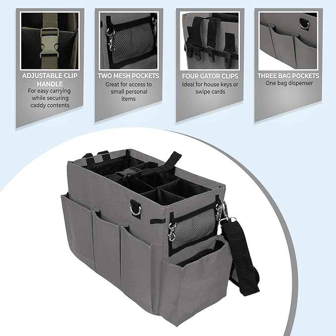 Blue Lilly Large Capacity Durable Cleaning Caddy Bag with Adjustable Straps - Cleaning Bags for Housekeepers, Gray Color, Easy to Assemble & Clean - The Ultimate Cleaning Bag Solution