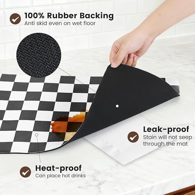 12" x 20" Checkered Dish Drying Mat for Kitchen Counter, Absorbent Coffee Bar Mat for Espresso Machine Coffee Countertops Accessories (Black)