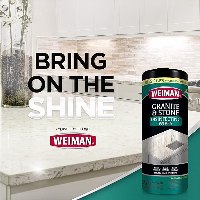Weiman Granite Cleaner and Polish - 30 Wipes - For Granite Marble Soapstone Quartz Quartzite Slate Limestone Corian Laminate Tile Countertop and More (Pack of 1), Package May Vary
