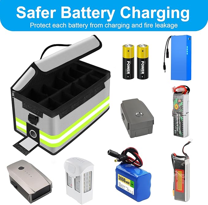 12 Cell Large Capacity Lipo Battery Bag,Fireproof Explosionproof Safe Storage Guard Pouch for Charging with Waterproof Zipper/Reflective Strip/Handle/Shoulder Strap(12.6x6.7x6.7in)