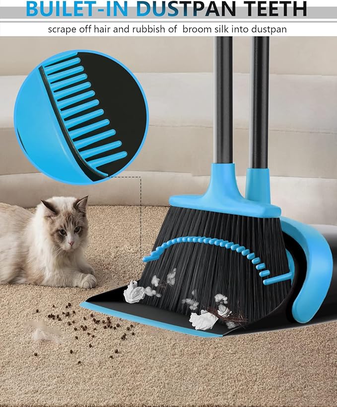 52" Long Handle Broom and Dustpan Set for Home, Kitchen, Office, Lobby Floor - Heavy Duty Standing Combo With Dust Pan