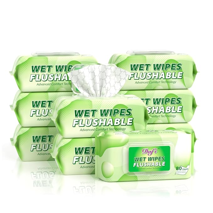 DAFI Flushable Wipes for Adult Wet Wipes, Total 720 Unscented Toilet Wipes Flushable, No Alcohol & 100% Plant Based Fibers, Septic and Sewer Safe Pack of 9