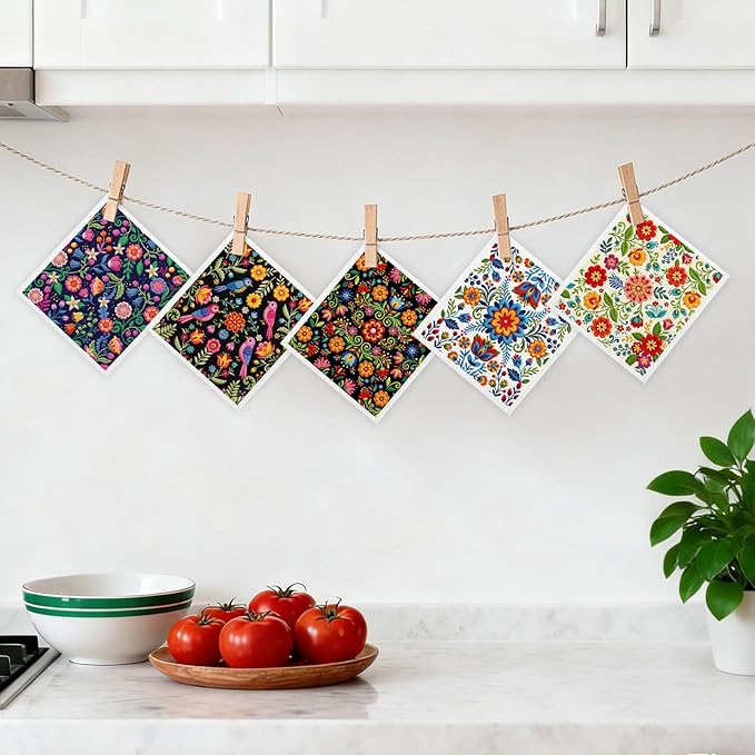 5 Pack Mixed Fiesta Floral Cinco De Mayo Kitchen Dishcloths Dish Towel, Dish Towels for Kitchen, Swedish Dishcloth Colorful Flower, Paper Towels Reusable, Dish Cloth Towel Cleaning for Home