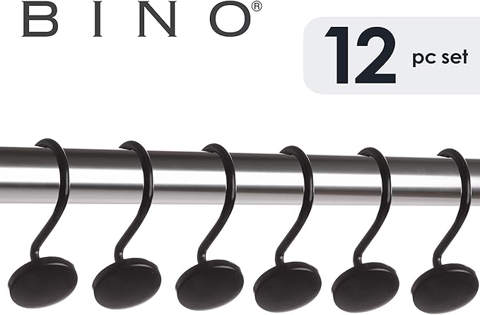BINO | Shower Curtain Hooks - Matte Black- Set of 12 | Hooks Shower Curtain | Shower Curtain Rings Hooks | Rust Proof Shower Curtain Hooks | Bathroom Shower Hooks for Curtain | Bathroom Essentials