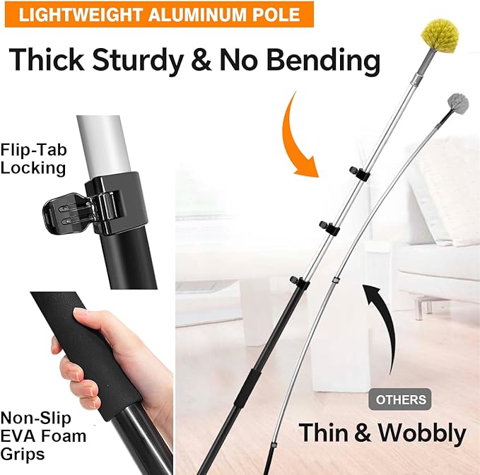 4-12Ft Telescoping Extension Pole Kit, 5-in-1 High Reach Duster with Chenille Window Squeegee Microfiber Feather Cobweb Duster for Ceiling Wall Hard-to-Reach Indoor & Outdoor Cleaning Yellow