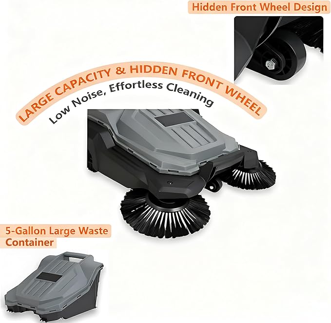 Manual Walk-Behind Floor Sweeper - 25.6" Wide Sweeping Path, 5-Gallon Waste Container, Adjustable Foldable Handle for Yard/Garage/Patio