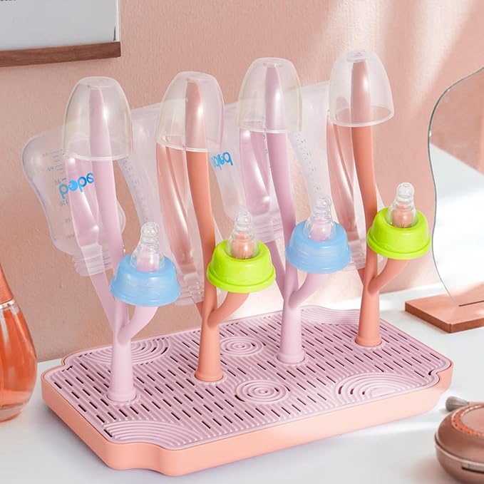 Baby Bottle Drying Rack with Tray – Space Saving Bottle Organizer & Drying Holder for Bottles, Cups, Nipples and Pump Parts – Countertop Rack for Baby Feeding Supplies (Purple/Pink)