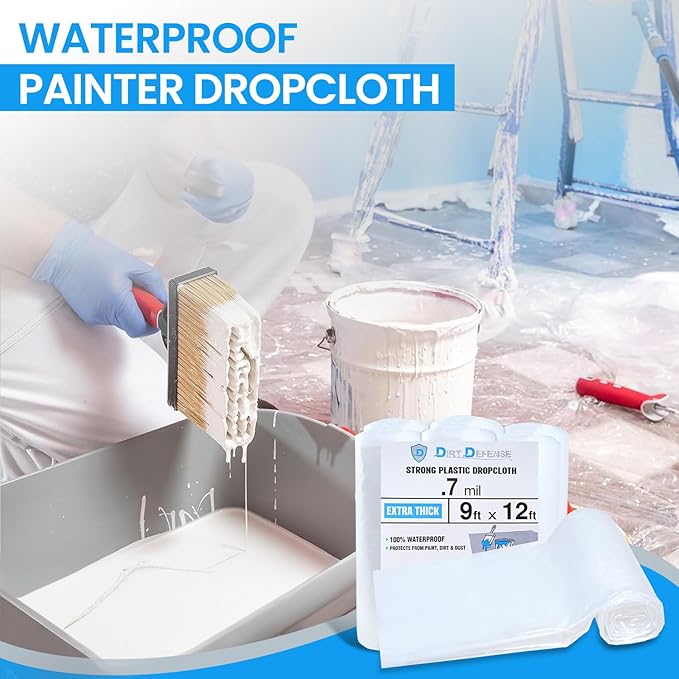 Dirt Defence Plastic Drop Cloth, 9x12 Ft Plastic Sheeting for Painting, Waterproof & Dust-Proof,Tear-Resistance Plastic Tarp for Painting, Floor, Furniture Cover Thick & Durable (6 PCS)