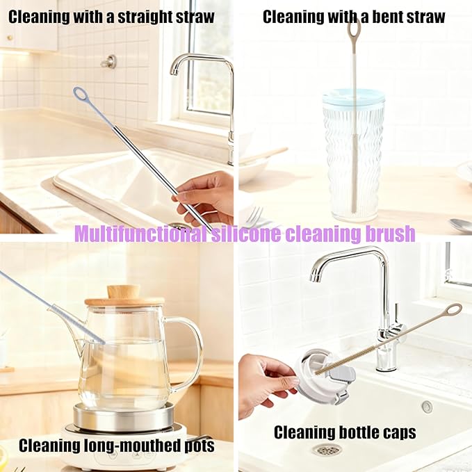 4Pcs Reusable Silicone Straw Cleaner Brush Extra Long, Soft Bendable, Non-Slip Handle for Glass Metal Smoothie Straws (Blue&Brown)