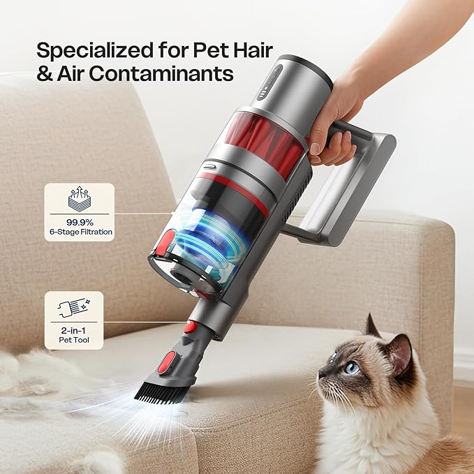 Cordless Vacuum Cleaner, 600W/50KPA, Up to 60 Minutes, Stick Vacuum with Rechargeable Design, Powerful Suction, Lightweight, Vacuum Cleaner for Home/Pet Hair/Carpet/Hard Floor, Red