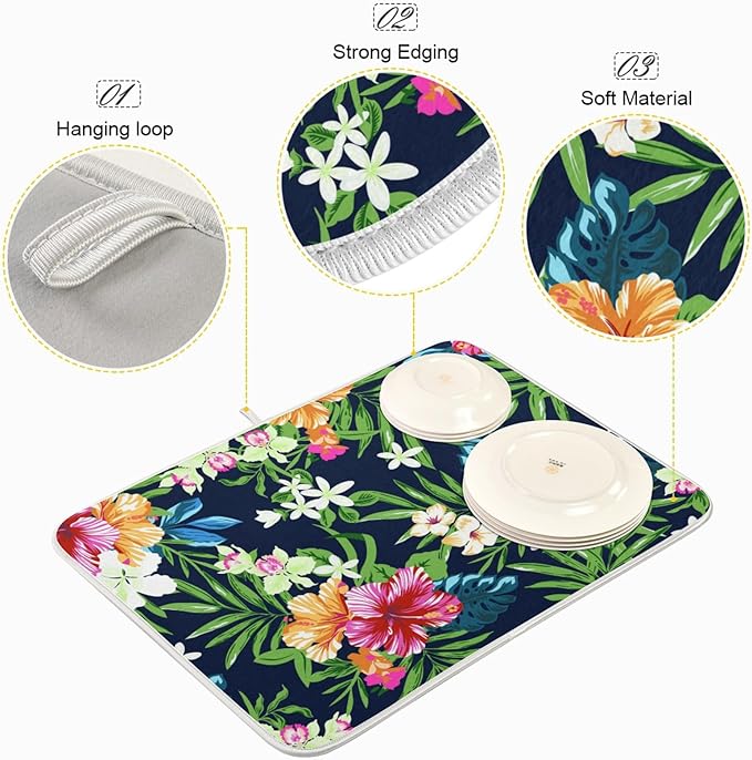 Tarity Colorful Tropical Flowers Dish Drying Mat for Kitchen Counter Absorbent Heat Resistant Microfiber Dishes Drainer Mat 16x18 in Dish Pad Sink Mat Protective Pad Kitchen Decor