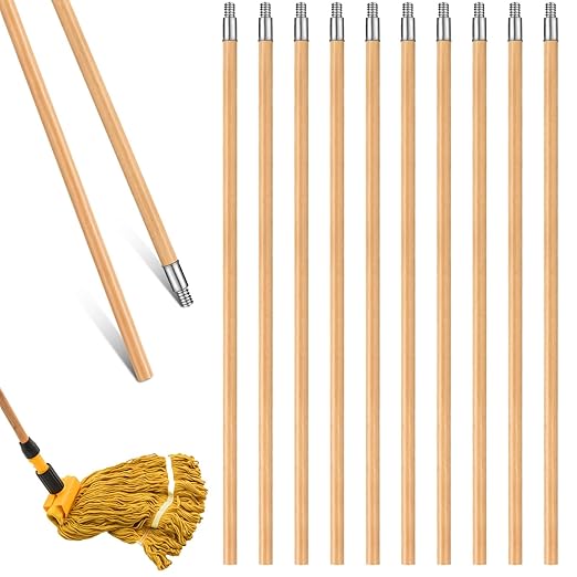 Barydat 55 Inch Lacquered Wood Broom Handle with Metal Threaded Tip Heavy Duty Natural Lacquered Wood Handle for Floor Home Office Commercial, 1" Diameter(10 Pack)