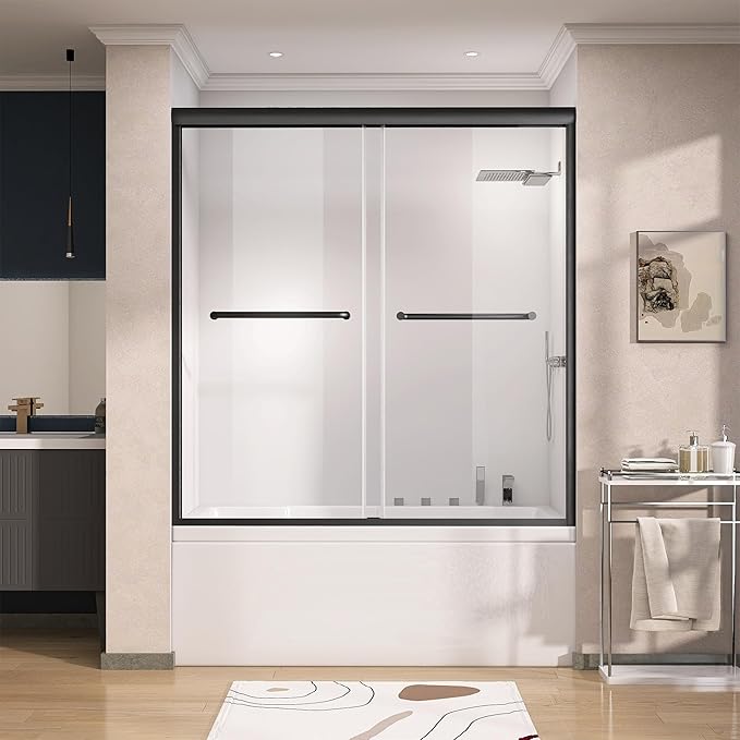 GETPRO Shower Door for Tub 56-60 in. W x 62 in. H Semi-Frameless Tub Door for Shower, Double Sliding Bypass Bath Tub Shower Glass Doors with 5/16 inch Tempered Glass Matte Black