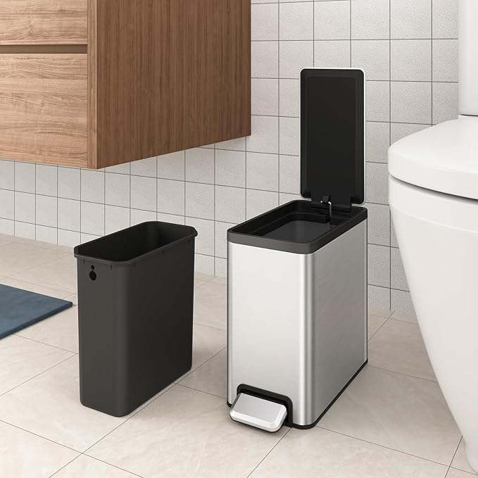 EKO 2 Pack Small Bathroom Trash Can with Lid Soft Close, Step Pedal, 6 Liter / 1.6 Gallon Stainless Steel Garbage Can with Removable Inner Bucket, Waste Basket for Bathroom, Bedroom