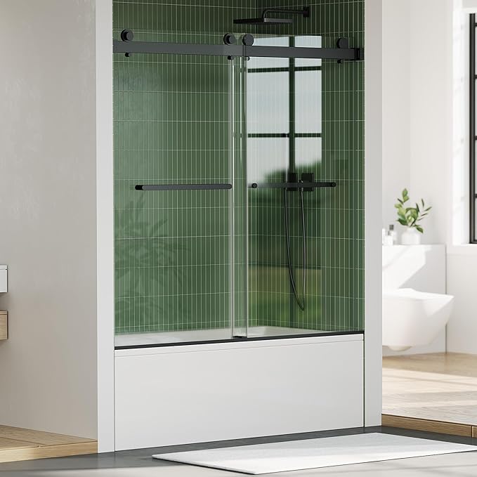 Bathtub Shower Door, 60" W x 59" H Sliding Shower Door for Standard 60 Inch Bathtubs, 1/4" (6mm) SGCC Tempered Glass with Matte Black Finish and 304 Stainless Steel Hardware