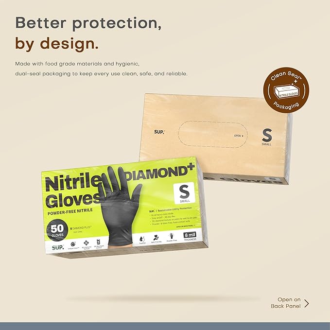 SUPER+ HEAVY DUTY Nitrile Gloves 8 Mil Diamond Texture Disposable Chemical Resistant Powder &Latex Free Food Safe Black 50 Ct