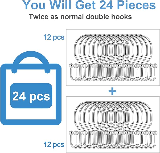 24 Pack Double Shower Curtain Hooks Rings, TENOVEL Double Sided Shower Curtain Hooks Rust Proof for Shower Curtain, Stainless Steel Bathroom Shower Hangers Rings for Shower Rods, Polished Chrome