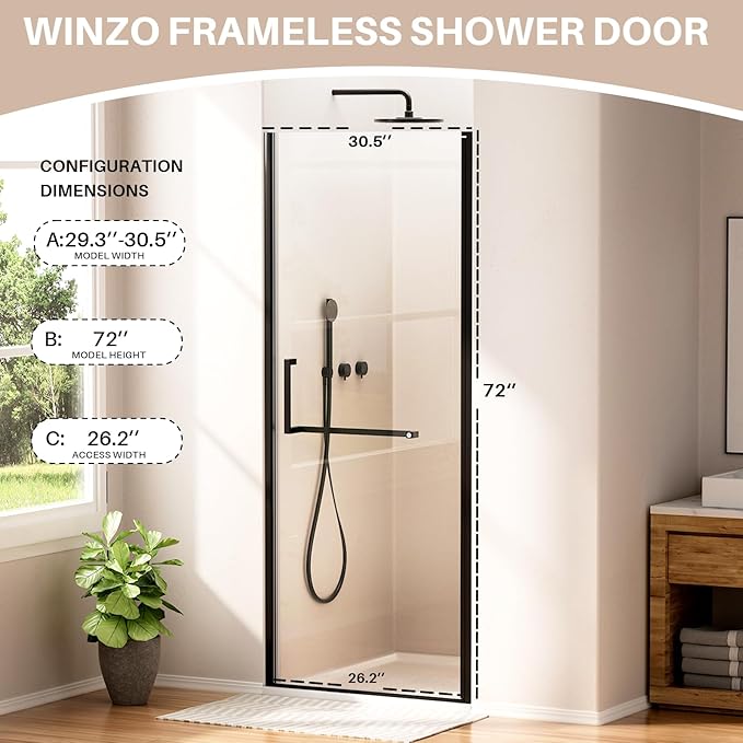 WinZo 29-30" W ×72" H Frameless Pivot Shower Door, Pivot Swing Shower Glass Doors with 1/4"(6mm) SGCC Clear Tempered Glass,Explosion-Proof Film, Reversible Installation, Matte Black