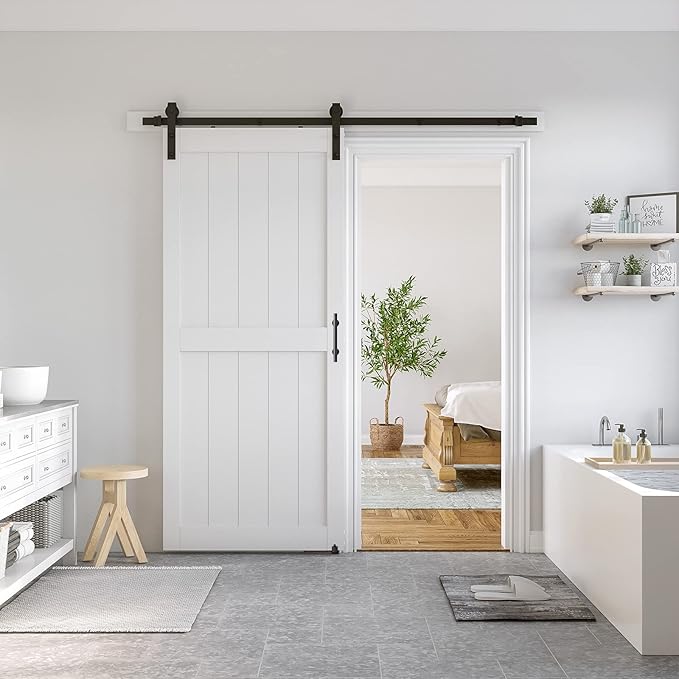 SmartStandard 38 x 84 inch White Sliding MDF Barn Door with 6.6FT Black Sliding Door Hardware Kit & Handle, Pre-Drilled Ready to Assemble, Waterproof PVC Coating, H-Frame