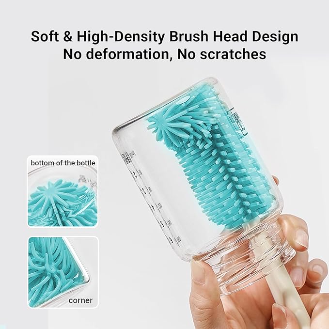 Baby Bottle Brush Cleaner Set - 10 in 1 Travel Bottle Cleaning Brush Kit with Silicone Bottle Brush, Nipple Brush, Soap Dispenser, Portable Drying Rack, Breast Pump & Bottle Cleaning Kit - Lake Green