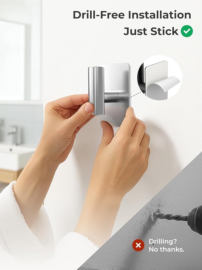 Towel Hooks for Bathrooms – 4 Pack, Brushed Silver Finish, T-Shaped Stainless Steel Adhesive Wall Hooks for Robes & Towels in Kitchen, Shower, or Closet