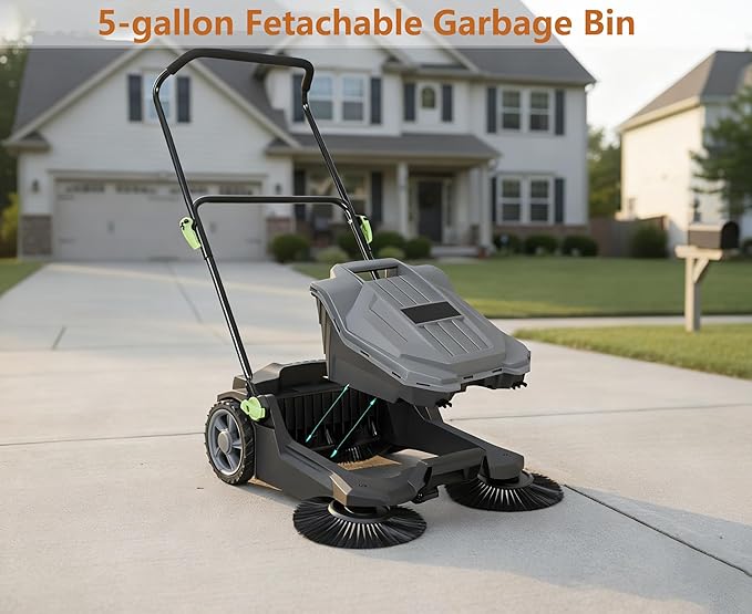 Manual Walk-Behind Floor Sweeper - 25.6" Wide Sweeping Path, 5-Gallon Waste Container, Adjustable Foldable Handle for Yard/Garage/Patio