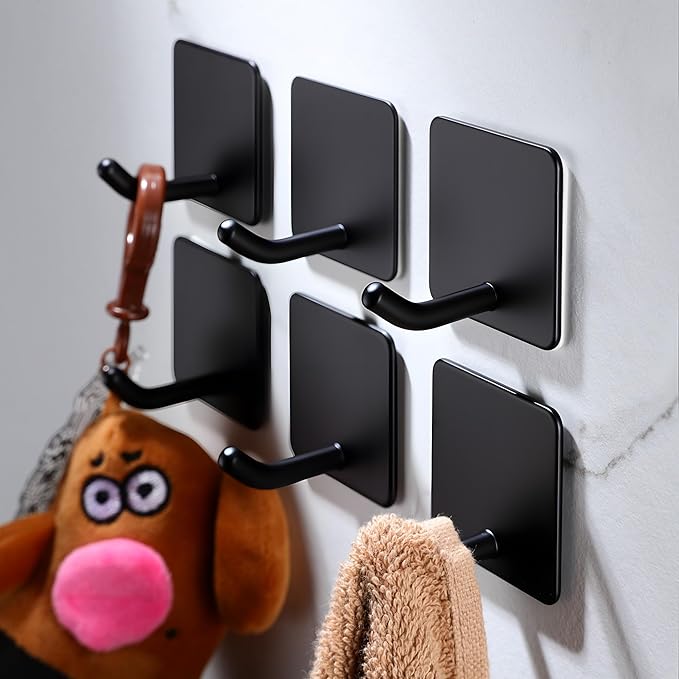 DELITON 6 Pack Towel Hooks for Hanging, Adhesive Hooks Stick on Wall for Bathroom Kitchen Heavy Duty Stainless Steel, Black