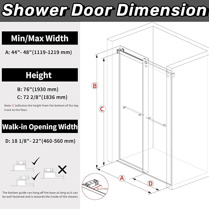 Sunrosa Frameless Double Sliding Shower Door 44-48" W x 76" H, 5/16" (8mm) Thick Easy-Clean Tempered Glass, Soft-Close Adjustable Shower Door with Towel Bar, Brushed Nickel Finish