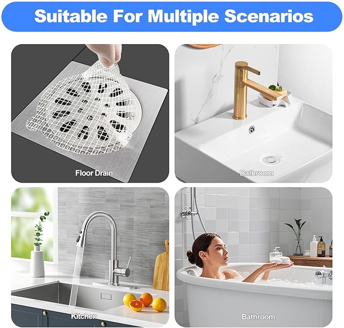 30 Pack Disposable Shower Drain Hair Catcher, Round 4-Ear Glass Fiber Stickers, 3.93In Mesh for Bathroom Tub Kitchen, Hair Trap Sticker to Prevent Clogs