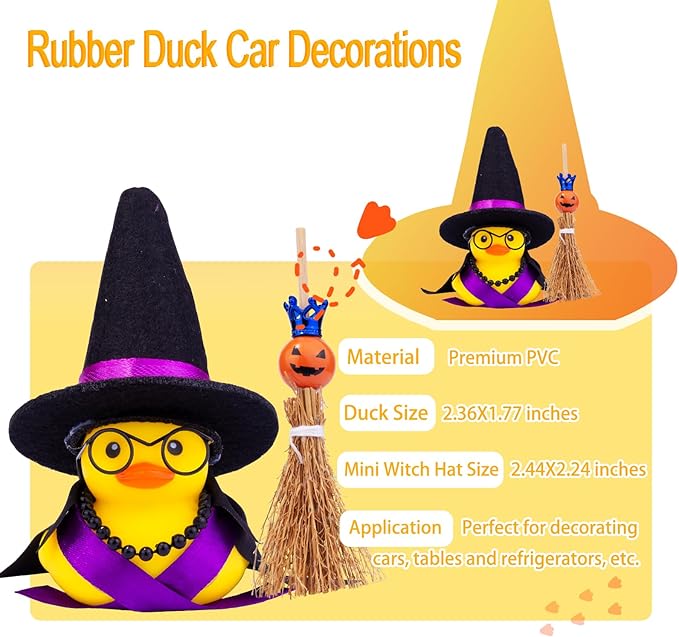 Halloween Duck Car Ornament, Rubber Duck Car Dashboard Decor with Mini Witch Hat Sash Glasses Cloak Mini Broom
