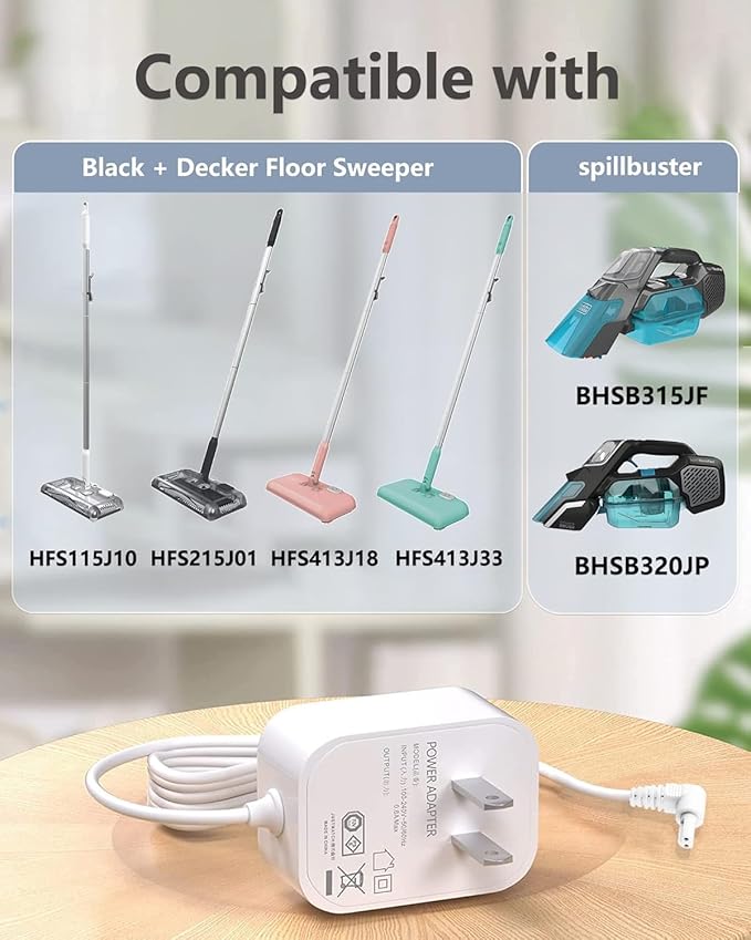 Sweeper Charger Compatible with Black + Decker HFS115J10, HFS215J01, HFS215J26QV, HFS413J10, HFS413J18, HFS413J33, BHSB315JF, BHSB320JP Floor Sweeper/Spillbuster Cordless Spill + Spot Cleaner.