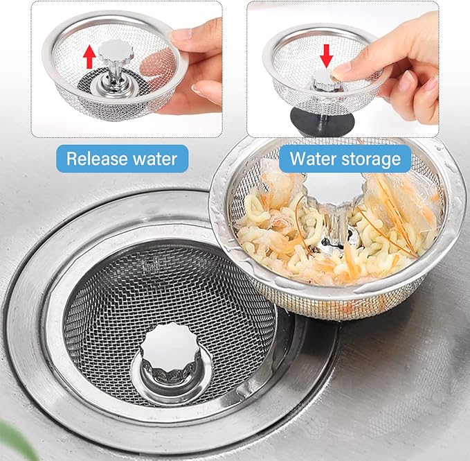 Kitchen Sink Strainer with Handle and Stopper Replacement Kitchen Sink Drain Basket/Stopper/Plug 3.3 Inch Stainless Steel Kitchen Sink Drain Strainer Mesh Sifter Filter(‎Silver)