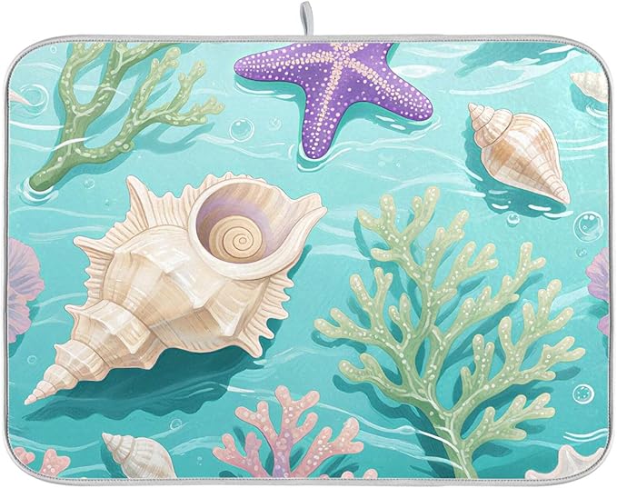 Coral Sea Shells Stars Pattern Dish Drying Mat for Kitchen Counter Super Absorbent Drying Mat 18x24 inch Large Dish Drying Matts for Countertop Protector Dishes Pad