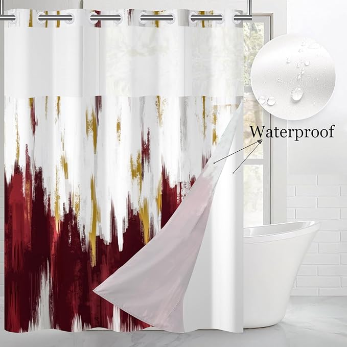 No Hook Shower Curtain with Snap in Liner, Hotel Style Burgundy Red White Gold Brush Strokes Art Modern Shower Curtain Waterpoof Washable with See Through Top Window,71"x86"