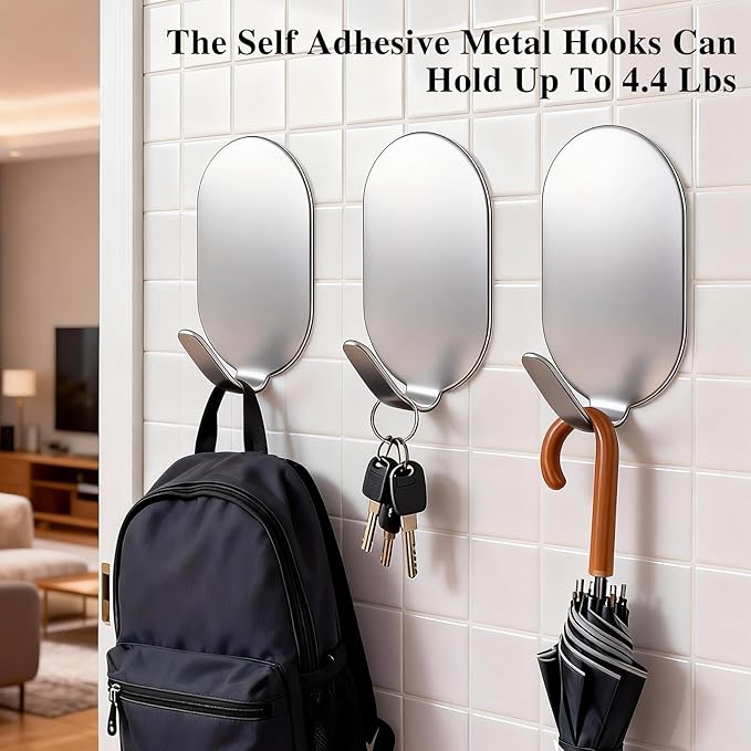 Sticky Adhesive Hooks for Hanging, Key Hooks, Stainless Steel Wall Hooks, Command Hooks, Coat Hooks, Door Hooks, Towel Hanger, Metal Hook, Utility Hooks,Picture Hanger, Storage Hooks,10Pcs (Silver)