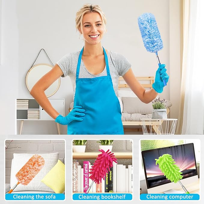 4 Pack Multi-Head Duster Kit, 13" to 30" Extendable Pole, Microfiber & Chenille Heads, Blue, Green, Orange, Multicolor, Washable, Bendable, For Furniture & Wall