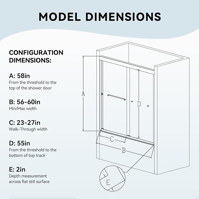 56-60" W x 58" H Semi-Frameless Tub Shower Door, Bypass Double Sliding Bathtub Shower Glass Doors with 1/4" (6mm) Clear SGCC Tempered Glass and Stainless Steel Handles, Matte Black
