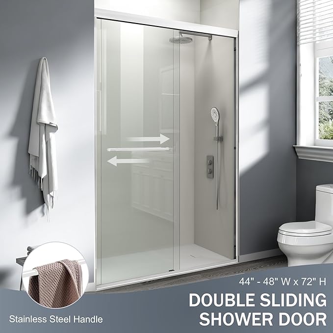 Abruzzo 44" - 48" Adjustable Width Double Sliding Shower Door - Semi-Frameless 72" Tall Bath Enclosure with 1/4" Tempered Glass, White Aluminum Frame for Walk-in Showers