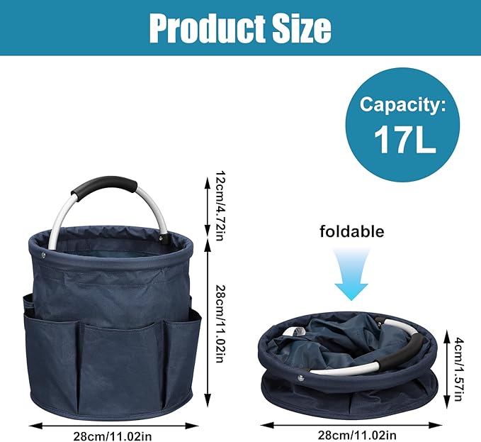17L Cleaning Caddy, Portable Cleaning Supply Bucket, 6 Pockets Foldable Cleaning Supplies Organizer with Handle, Cleaning Caddy Bag for Cleaning Products (Navy Blue)