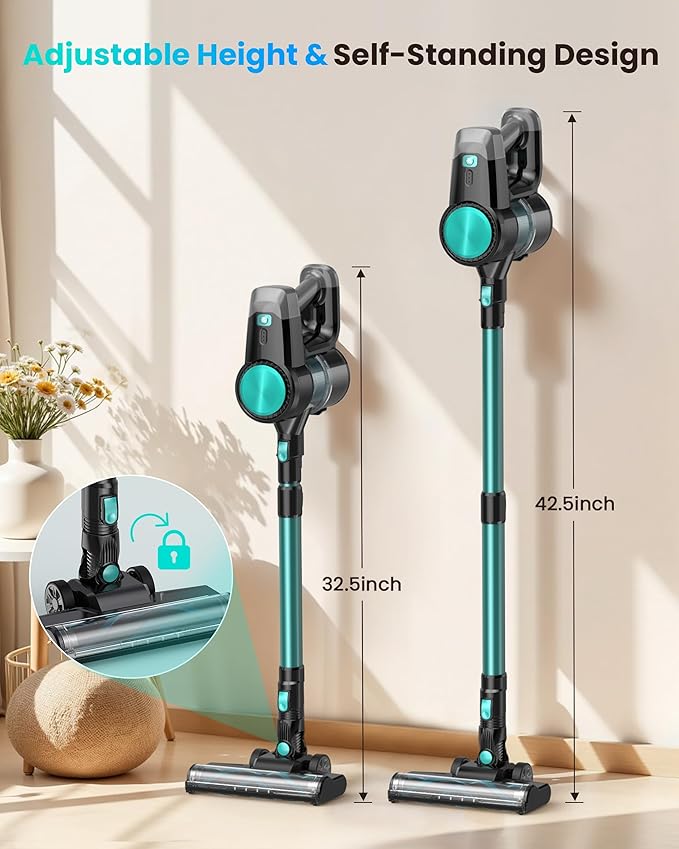 N3T Cordless Vacuum Cleaner,Wireless Stick Vacuum with 40mins Runtime,Self-Standing,Anti-Tangle Brush,Rechargeable Lightweight Vacuum Cleaner for Home,Hardwood Floor,Pet Hair, Carpet-Cyan Green