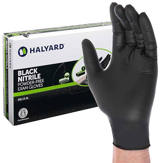 HALYARD Black Disposable Nitrile Exam Gloves Powder Free Medical, Dental, Cleaning, Tattoo, Food Safe, 3.5 mil, Size Large, Box of 100