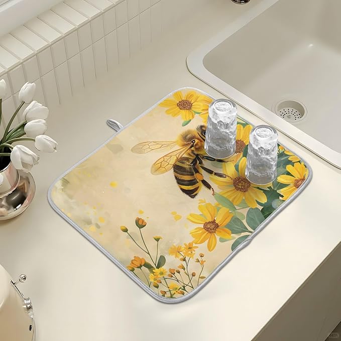 Honey Bee Dish Drying Mat for Kitchen Counter Absorbent Microfiber Large Drying Pad Yellow Flowers Leaves Dish Mats for Kitchen Countertops 18 x 24 Inch117