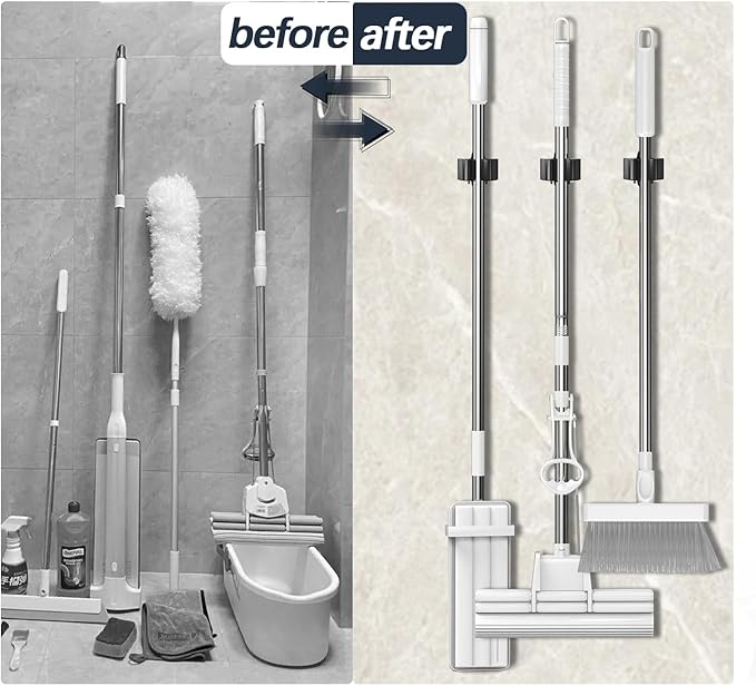 3-H Stainless Steel Broom Holder Wall Mount 6 Pack- Heavy Duty Mop Organizer, Wall Mounted Broom Storage with Secure Mounting for Kitchen Laundry Garage Bathroom (Space Saving)
