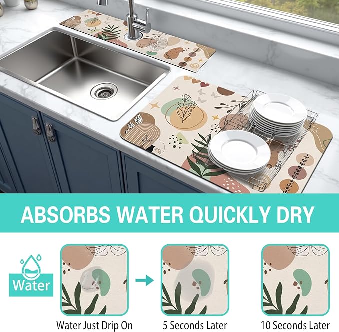 Dish Drying Mat for Kitchen Counter Matt, 2PCS 23"x15" Dish Drainer Mat & 24"x5.5" Sink Splash Guard, Super Absorbent Non-slip Rubber Backed