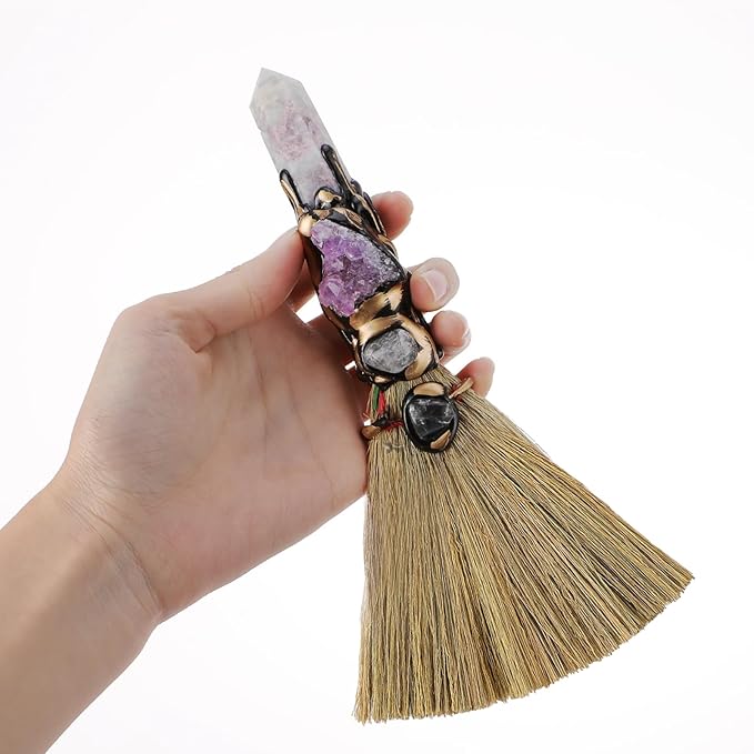 Witchcraft Supplies Witches Broom - Wiccan Decor with Plum Blossom Tourmaline Altar Supplies with Fluorite Natural Healing Crystals Hexagonal Points Pagan Decor Reiki Energy Clearing Crafts
